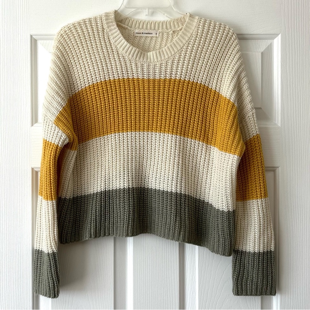 Moon & Madison Striped Cropped Sweater Size S Yellow Olive Cream